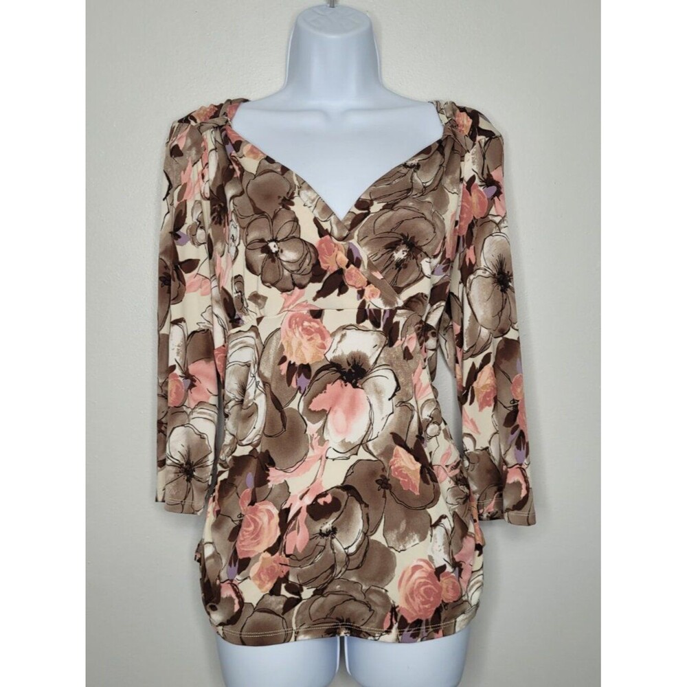 Y2k George pink brown artsy abstract floral print babydoll 3/4 sleeve top xl